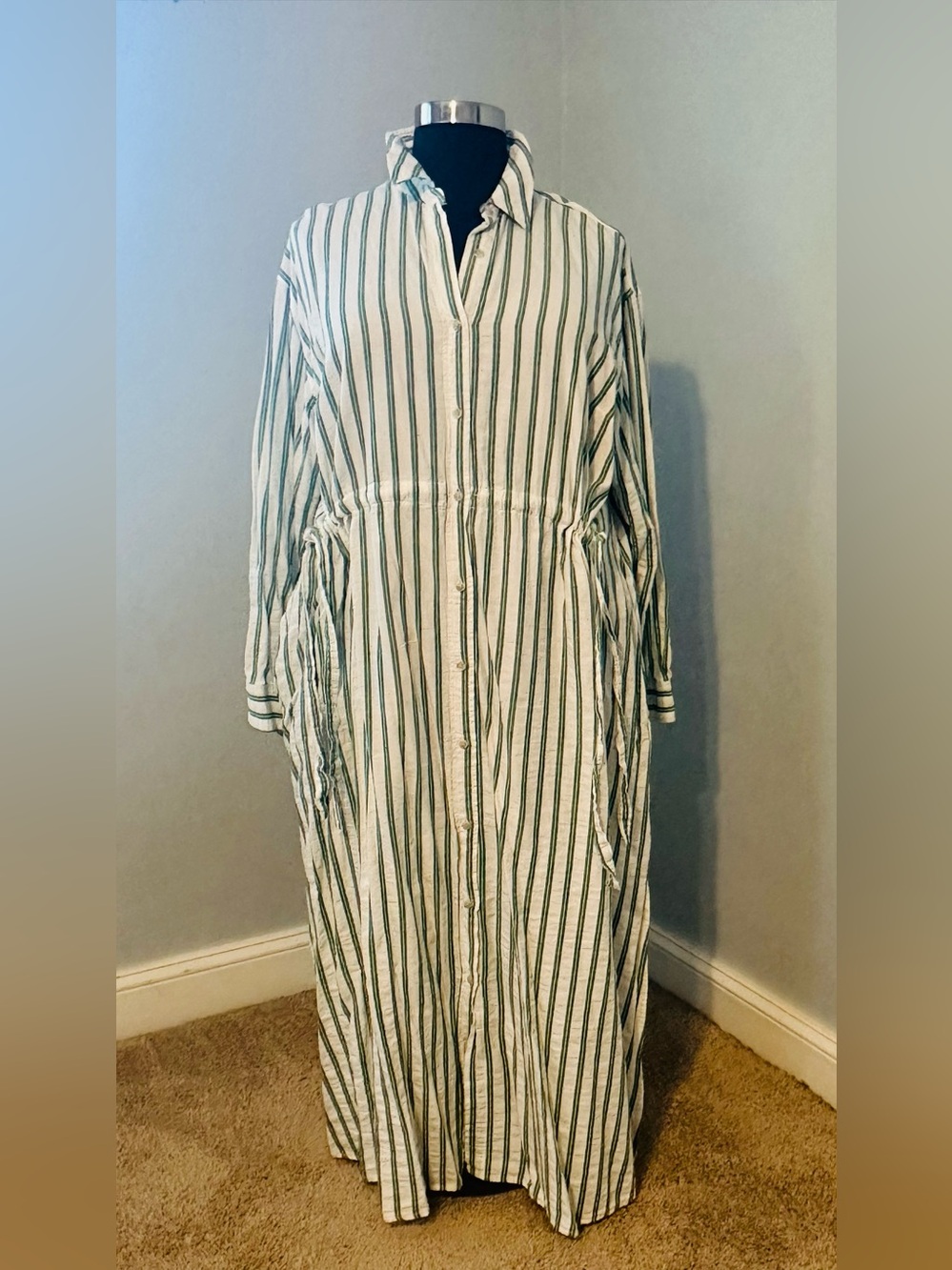 Button-Front Maxi shirt Dress - Green/White 2x